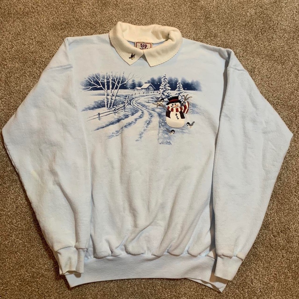 Vintage 1990s Cute Snowman Bird Snow Winter Double Collar Crewneck Sweatshirt